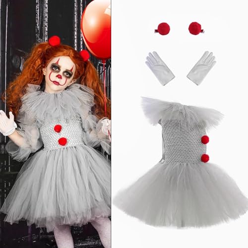 Yplkm Halloween Kostüm Kinder Halloween Kostüm Mädchen Pennywises Dress Up Kleid Tutu Mit Handschuhen Und Roter Haarnadel, Halloween Kinder Kostüme Mädchen 2-10 Jahre Für Party Mottoparty Fasching von Yplkm