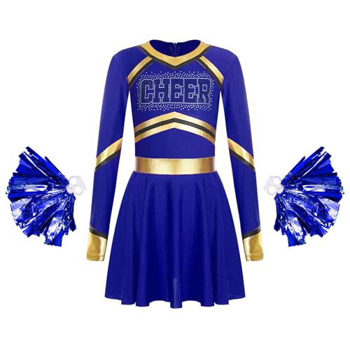 Yruioon 2 Stück Mädchen Cheer Leader Kleid Langarm Kleid mit Pompoms Cheerleading Uniform Halloween Karneval Fasching Show Tanzkleid Blau 146-152 von Yruioon