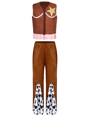 Yruioon 2er Set Jungen Mädchen Cowboy Cowgirl Kostüm Fransen Weste + Schlaghose Wild Western Cowboy Outfits Halloween Kanreval Fasching Mottoparty Braun 134-140 von Yruioon