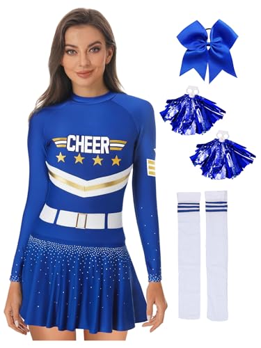 Yruioon 4 Stück Damen Cheer Leader Cheerleading Kostüm Langarm Cheer Tanzkleid mit Socken Pompoms Haarband Halloween Karneval Fasching Kostüm Royal Blau L Yruioon 4 Stück Damen Cheer Leader Cheerleading Kostüm Langarm Cheer Tanzkleid mit Socken Pompoms Haarband Halloween Karneval Fasching Kostüm Royal Blau L von Yruioon