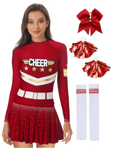 Yruioon 4 Stück Damen Cheer Leader Cheerleading Kostüm Langarm Cheer Tanzkleid mit Socken Pompoms Haarband Halloween Karneval Fasching Kostüm Weinrot L Yruioon 4 Stück Damen Cheer Leader Cheerleading Kostüm Langarm Cheer Tanzkleid mit Socken Pompoms Haarband Halloween Karneval Fasching Kostüm Weinrot L von Yruioon