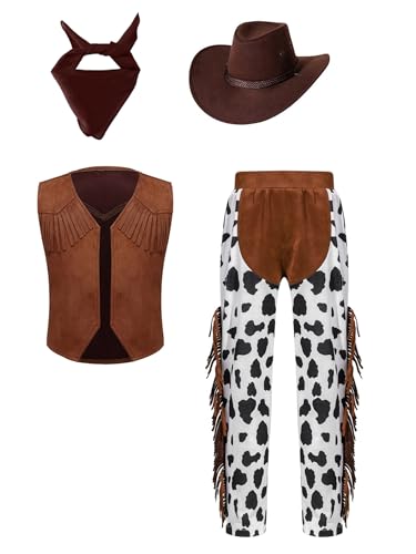 Yruioon 4 Stück Kinder Jungen Cowboy Kostüm Cowboy Weste + Hose + Cowboyhut + Bandana Cowboy Kleidung Set Cosplay Karneval Fasching Mottoparty Kaffee 158-164 von Yruioon