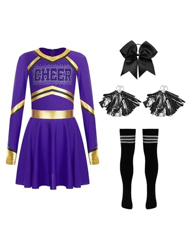 Yruioon 4 Teilig Mädchen Cheer Leader Kostüm Cheerleading Kleid mit Pompoms Socken Haarband Cheer Tanzkleid Halloween Karneval Fasching Party Outfits Dunkellila&Schwarz 122-128 von Yruioon