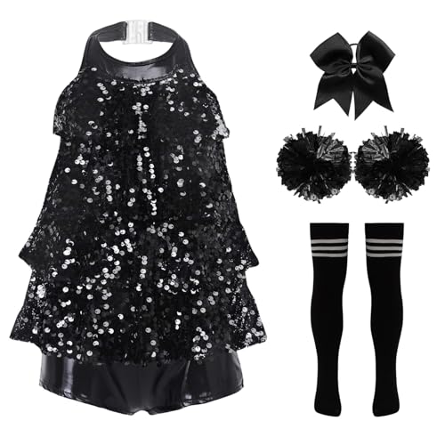 Yruioon 4Pcs Mädchen Cheer Leader Kostüm Cheerleading Kleid mit Pompoms Socken Haarband Pailletten Tanzkleid Halloween Karneval Fasching Kostüm Schwarz Weiß 134-140 von Yruioon