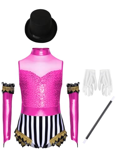 Yruioon 5 Stück Mädchen Zirkus Kostüm Zirkusdirektor Uniform Glitzer Body Overall mit Zubehör Halloween Karneval Fasching Tanzkostüm Dunkel Rosa 122-128 Yruioon 5 Stück Mädchen Zirkus Kostüm Zirkusdirektor Uniform Glitzer Body Overall mit Zubehör Halloween Karneval Fasching Tanzkostüm Dunkel Rosa 122-128 von Yruioon