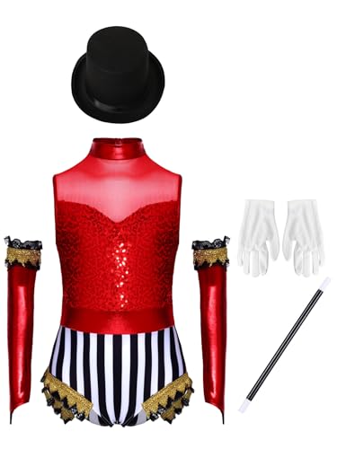 Yruioon 5 Stück Mädchen Zirkus Kostüm Zirkusdirektor Uniform Glitzer Body Overall mit Zubehör Halloween Karneval Fasching Tanzkostüm Rot 134-140 Yruioon 5 Stück Mädchen Zirkus Kostüm Zirkusdirektor Uniform Glitzer Body Overall mit Zubehör Halloween Karneval Fasching Tanzkostüm Rot 134-140 von Yruioon