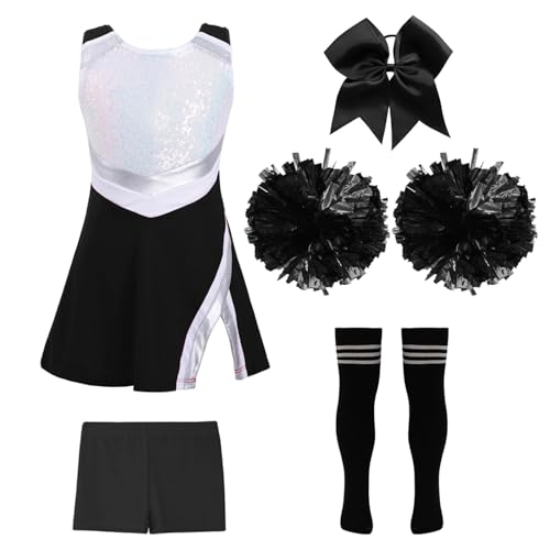 Yruioon 5Pcs Mädchen Cheer Leader Cheerleading Kostüm Ärmellos Glitzer Kleid mit Shorts Pompons Socken Haarband Halloween Karneval Fasching Tanzkleid A Schwarz&Weiß 134-140 von Yruioon