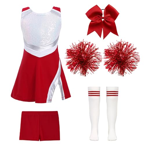 Yruioon 5Pcs Mädchen Cheer Leader Cheerleading Kostüm Ärmellos Glitzer Kleid mit Shorts Pompons Socken Haarband Halloween Karneval Fasching Tanzkleid B Rot&Weiß 158-164 von Yruioon