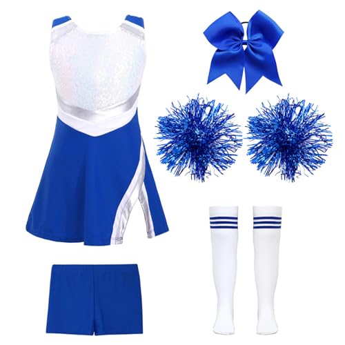 Yruioon 5Pcs Mädchen Cheer Leader Cheerleading Kostüm Ärmellos Glitzer Kleid mit Shorts Pompons Socken Haarband Halloween Karneval Fasching Tanzkleid B Royal Blau&Weiß 158-164 von Yruioon