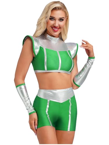 Yruioon Damen Alien Kostüm Glänzend Metallic Crop Tops+ Shorts + Armstulpen Weltall Astronaut Kostüm Space Outfit Halloween Karneval Fasching Kostüm A Grün 3XL von Yruioon