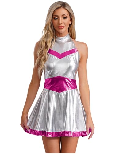 Yruioon Damen Alien Kostüm Glänzend Metallic Kleid mit Faltenrock Space Girl Kleid Weltall Astronauten Kostüm Karneval Fasching Verkleidung Dunkel Rosa 3XL von Yruioon