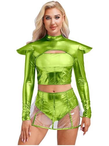 Yruioon Damen Alien Kostüm Space Girl Kleid Metallic Crop Tops + Transparent PVC Rock Weltall Astronauten Kostüm Halloween Karneval Fasching Kostüm Grün XL von Yruioon