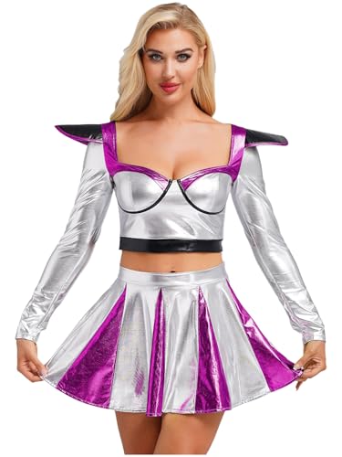 Yruioon Damen Alien Kostüm Space Girl Kleid Metallic Crop Tops Oberteile + Glänzend Minirock Weltall Astronauten Kostüm Karneval Fasching Show Partykleid Lila M von Yruioon