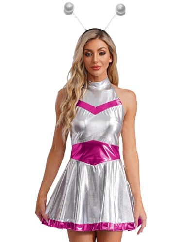 Yruioon Damen Alien Kostüm Space Girl Kleid Weltall Astronauten Kostüm Metallic Minikleid Skaterkleid Rave Partykleid Karneval Fasching Kostüm Dunkel Rosa 4XL von Yruioon