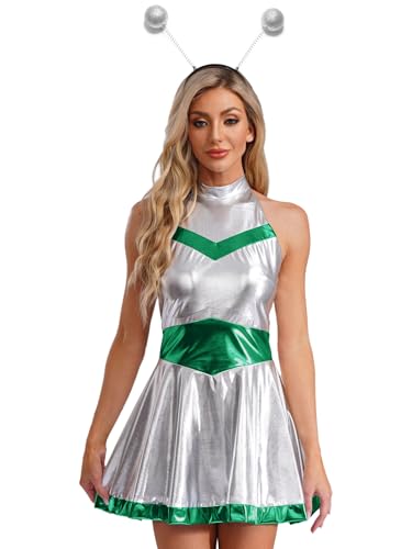 Yruioon Damen Alien Kostüm Space Girl Kleid Weltall Astronauten Kostüm Metallic Minikleid Skaterkleid Rave Partykleid Karneval Fasching Kostüm Grün 3XL von Yruioon