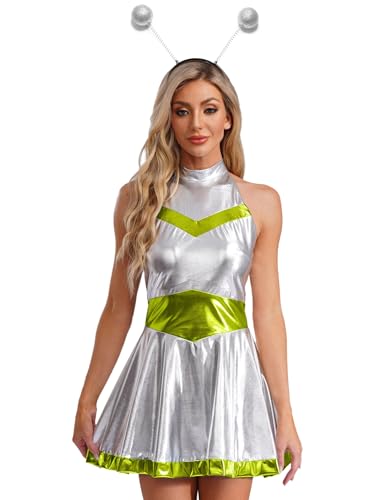 Yruioon Damen Alien Kostüm Space Girl Kleid Weltall Astronauten Kostüm Metallic Minikleid Skaterkleid Rave Partykleid Karneval Fasching Kostüm Leuchtendes Grün S von Yruioon