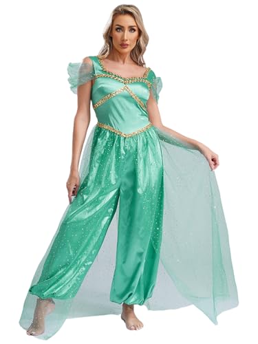 Yruioon Damen Arabische Prinzessin Kostüm Glänzend Pailletten Body Overall Jumpsuit Araberin Orientalische Kleidung Halloween Karneval Fasching Türkis 3XL von Yruioon