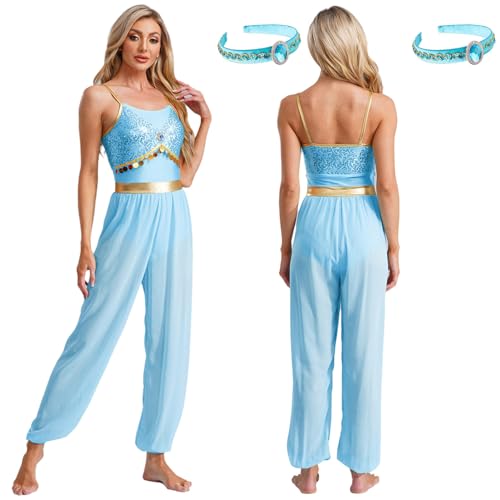 Yruioon Damen Bauchtanz Kostüm Set Glänzend Pailletten Overall Jumpsuit mit Haarreif Arabische Prinzessin Kostüm Orientalische Indische Tanzkleidung Blau M von Yruioon