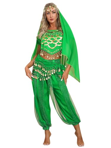 Yruioon Damen Bauchtanz Kostüm Set Pailletten Crop Tops + Haremhose + Hüfttuch + Schal Bauchtanz Kleid Bauchtänzerin Indische Tanzkleidung Grün Einheitsgröße von Yruioon