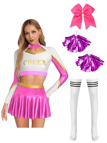 Yruioon Damen Cheer Leader Kostüm 5 Stück Cheerleading Uniform Langarm Crop Tops + Minirock + Pompoms Halloween Karneval Fasching Tanzkleid Dunkel Rosa L Yruioon Damen Cheer Leader Kostüm 5 Stück Cheerleading Uniform Langarm Crop Tops + Minirock + Pompoms Halloween Karneval Fasching Tanzkleid Dunkel Rosa L von Yruioon