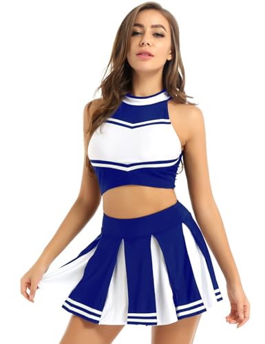 Yruioon Damen Cheer Leader Kostüm Crop Top mit Minirock Cheerleading Uniform Cheer Outfits Cosplay Karneval Fasching Party Tanzkostüm Blau XXL von Yruioon