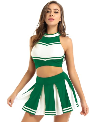 Yruioon Damen Cheer Leader Kostüm Crop Top mit Minirock Cheerleading Uniform Cheer Outfits Cosplay Karneval Fasching Party Tanzkostüm Grün L von Yruioon