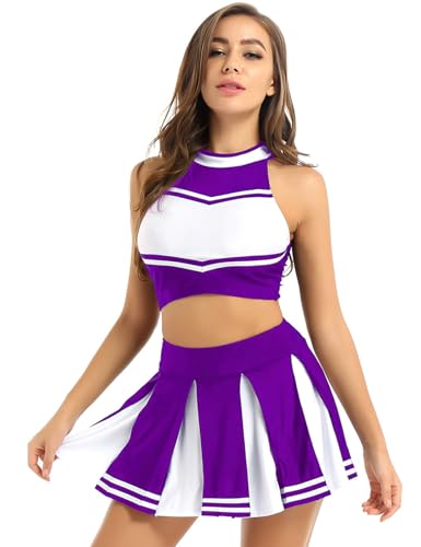 Yruioon Damen Cheer Leader Kostüm Crop Top mit Minirock Cheerleading Uniform Cheer Outfits Cosplay Karneval Fasching Party Tanzkostüm Lila XL von Yruioon