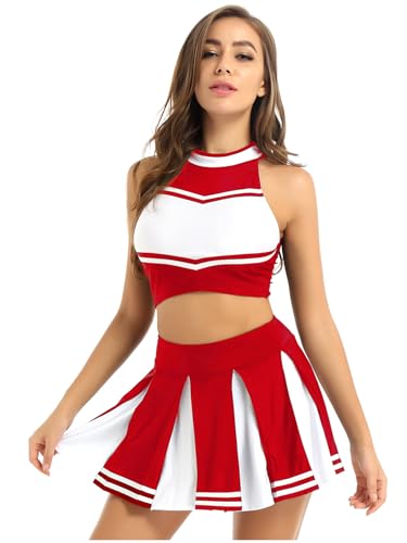 Yruioon Damen Cheer Leader Kostüm Crop Top mit Minirock Cheerleading Uniform Cheer Outfits Cosplay Karneval Fasching Party Tanzkostüm Rot M von Yruioon