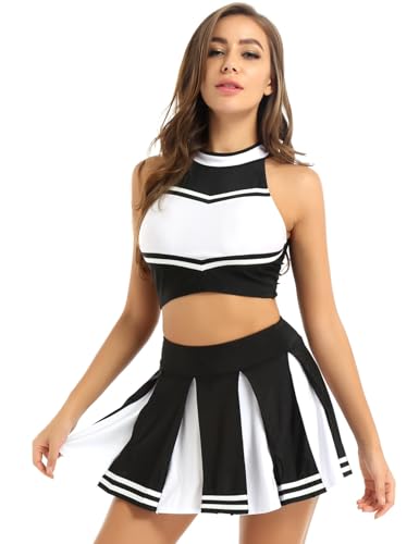 Yruioon Damen Cheer Leader Kostüm Crop Top mit Minirock Cheerleading Uniform Cheer Outfits Cosplay Karneval Fasching Party Tanzkostüm Schwarz M von Yruioon