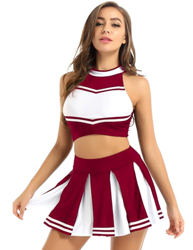 Yruioon Damen Cheer Leader Kostüm Crop Top mit Minirock Cheerleading Uniform Cheer Outfits Cosplay Karneval Fasching Party Tanzkostüm Weinrot L von Yruioon