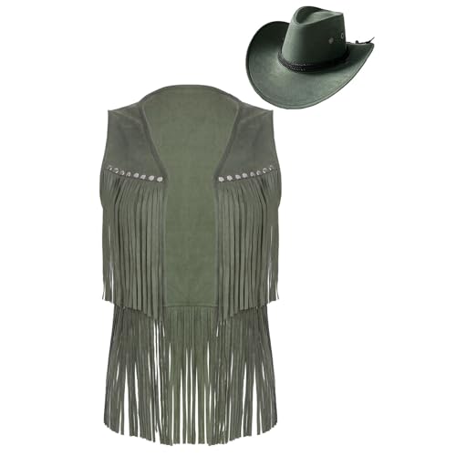 Yruioon Damen Cowgirl Kostüm Western Wildleder Cowboy Weste Fransenjacke + Cowboyhut Retro Hippie Kleidung Karneval Fasching Kostüm Armeegrün M von Yruioon