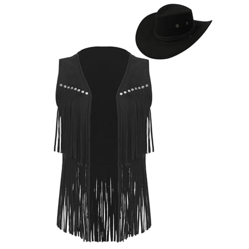 Yruioon Damen Cowgirl Kostüm Western Wildleder Cowboy Weste Fransenjacke + Cowboyhut Retro Hippie Kleidung Karneval Fasching Kostüm Schwarz S von Yruioon