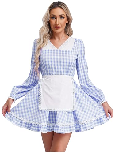 Yruioon Damen Dienstmädchen Kostüm Französisch Maid Kleid mit Schürze Hausmädchen Kostüm Vintage Pliad Kleid Cosplay Partykleid Blau 3XL von Yruioon