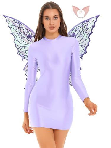 Yruioon Damen Elfenkleid Glossy Minikleid Bodycon mit Schmetterlings Flügel Elfenohren Feen Kleid Cosplay Karneval Fasching Kostüm Hell Lila XL von Yruioon