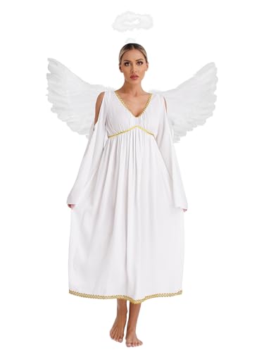 Yruioon Damen Engel Kleid Engelskostüm Weißes Weihnachtsengel Kleid mit Engelsflügel Heiligenschein Halloween Karneval Fasching Festlich Partykleid Elfenbein 3XL von Yruioon