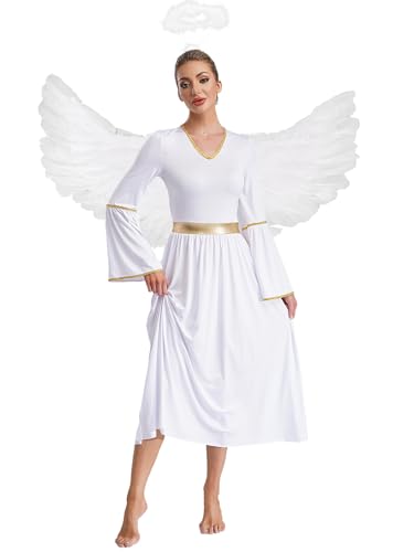 Yruioon Damen Engel Kleid mit Engelsflügel Heiligenschein Engelskostüm Athena Griechische Göttin Kostüm Mittelalter Kleid Halloween Karneval Fasching Kostüm Weiß XXL von Yruioon