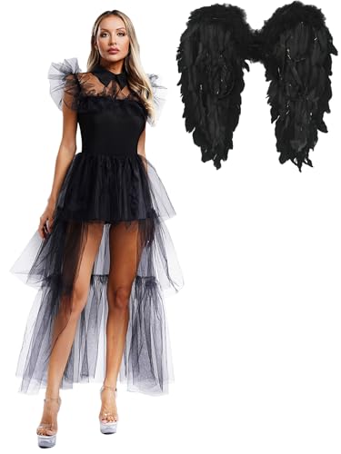 Yruioon Damen Engelskostüm Schwarz Gefallenen Engel Kleid mit Engelsflügel Teufel Kostüm Gothic Steampunk Mittelalter Kleid Festival Rave Partykleid Schwarz L von Yruioon