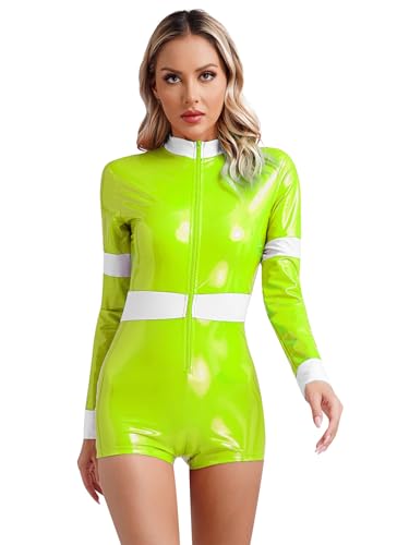 Yruioon Damen Feuerwehr Kostüm Metallic Body Overall Kurz Jumpsuit Glänzend Bodysuit Cosplay Halloween Karneval Rave Party Clubwear Fluoreszierendes Gelb 3XL von Yruioon