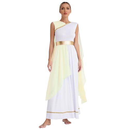 Yruioon Damen Griechische Göttin Kostüm Antike Römisches Kleid mit Chiffon Tuch Ägyptische Königin Kostüm Toga Maxikleid Karneval Fasching Kostüm Champagne 3XL von Yruioon