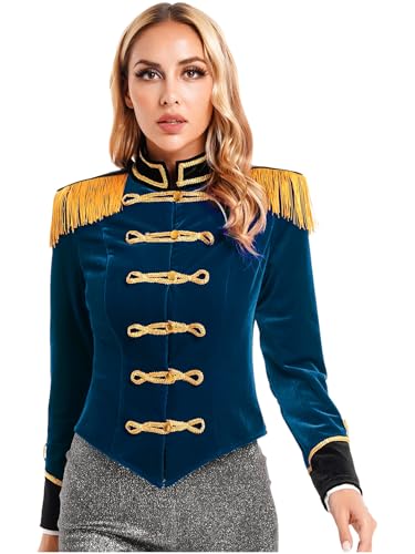 Yruioon Damen Zirkus Kostüm Langarm Frack Jacke Samt Blazer Mantel Ringmaster Zirkusdirektorin Uniform Show Tanzkostüm Dunkel Blau M von Yruioon