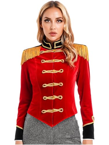 Yruioon Damen Zirkus Kostüm Langarm Frack Jacke Samt Blazer Mantel Ringmaster Zirkusdirektorin Uniform Show Tanzkostüm Rot L von Yruioon