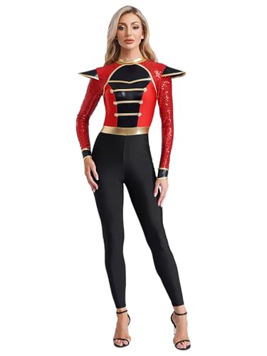 Yruioon Damen Zirkus Kostüm Zirkusdirektor Uniform Pailletten Jumpsuit Overall Glitzer Body Ringmaster Kostüm Weihnachten Karneval Fasching Show Tanzkostüm Rot XL von Yruioon