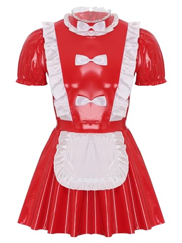 Yruioon Herren Dienstmädchen Kostüm Wetlook Sissy Kleid Lackleder Maid Kleid Zimmermädchen Kostüm Cosplay Party Clubwear A Rot 3XL von Yruioon