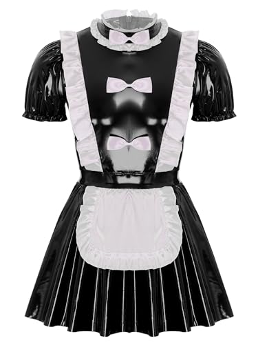 Yruioon Herren Dienstmädchen Kostüm Wetlook Sissy Kleid Lackleder Maid Kleid Zimmermädchen Kostüm Cosplay Party Clubwear A Schwarz L von Yruioon