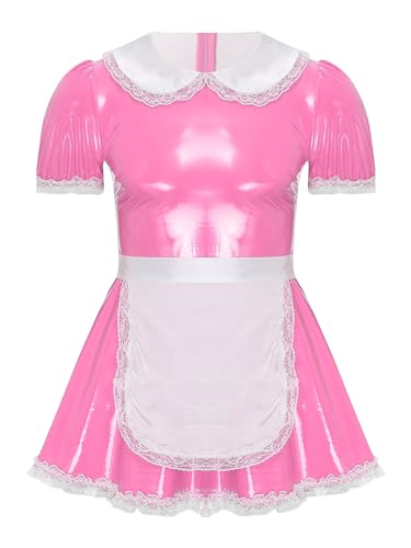 Yruioon Herren Dienstmädchen Kostüm Wetlook Sissy Kleid Lackleder Maid Kleid Zimmermädchen Kostüm Cosplay Party Clubwear B Rosa 3XL von Yruioon