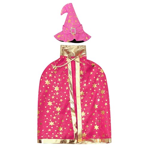 Yruioon Hexen Umhang Kinder Hexe Zauberer Umhang mit Hut Halloween Umhang Cape Cosplay Zubehör Halloween Karneval Party Outfits Dunkel Rosa Einheitsgröße von Yruioon