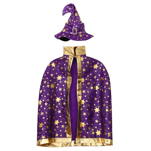 Yruioon Hexen Umhang Kinder Hexe Zauberer Umhang mit Hut Halloween Umhang Cape Cosplay Zubehör Halloween Karneval Party Outfits Lila Einheitsgröße von Yruioon