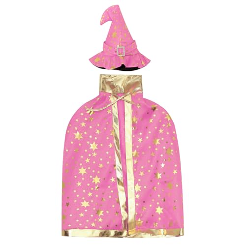 Yruioon Hexen Umhang Kinder Hexe Zauberer Umhang mit Hut Halloween Umhang Cape Cosplay Zubehör Halloween Karneval Party Outfits Rosa Einheitsgröße von Yruioon