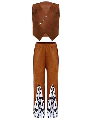 Yruioon Jungen Mädchen Cowboy Cowgirl Kostüm Fransen Weste + Schlaghose Kinder Wild Western Cowboy Outfits Halloween Kanreval Fasching Mottoparty Braun 134-140 von Yruioon