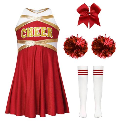 Yruioon Kinder Cheer Leader Kostüm Mädchen Cheerleading Kleid mit Pompoms Socken Haarband Cheer Outfits Halloween Karneval Fasching Partykleid A Rot 110-116 von Yruioon